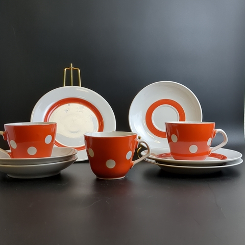 Трио чайное на 3 персоны (9 предметов), фарфор, "Горох" декор, клеймо Хайтинский ФЗ, винтаж СССР 1980-1991 гг