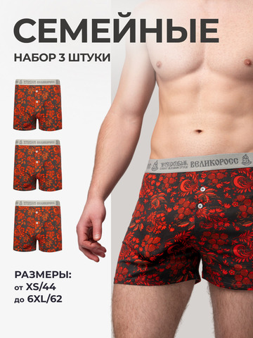 Комплект из 3-х семейных трусов - «Красная хохлома»