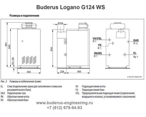 Buderus Logano G124-20WS Газовый Напольный Чугунный Атмосферный котел (RU-TOP) (Размеры подключения)