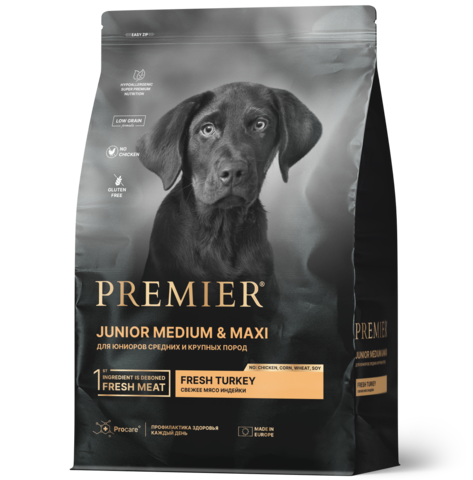 Premier Dog Turkey JUNIOR Medium&Maxi (Свежее мясо индейки для юниоров средних и крупных пород, МОНОБЕЛОК) 10кг