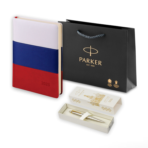 Подарочный набор:Шариковая ручка Parker Jotter Russia SE, цвет: St. Steel GT и Ежедневник датир. триколор