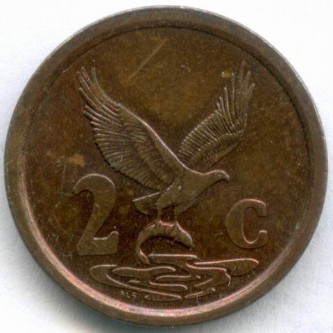2 цента 1996 год. Южная Африка (ЮАР). Сталь с медным покрытием, диаметр 18 мм. XF