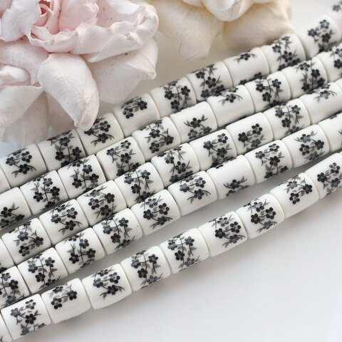 Бусина Бочонок, керамика, белая с черной росписью, 10*8 мм, 1 нить, К113