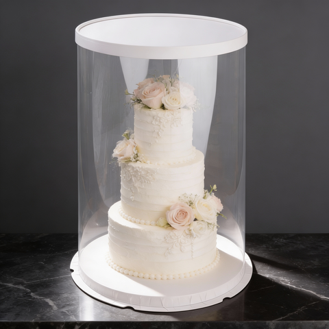Прозрачная коробка для торта с пьедесталом (аквариум) 30*44,5 см, круглая белая