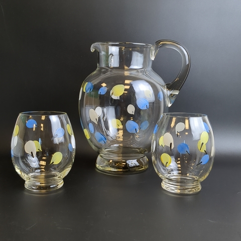 Набор для напитков 3 предмета: кувшин и два стакана, стекло, роспись, редкая выдувная форма с утяжелённым дном, винтаж СССР 1960-1980-е гг