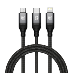 Кабель 3 в 1 в тканевой оплетке черного цвета от Nillkin с разъемами Type C, Lightning и Micro USB, серия Swift Pro, длина 1,5м