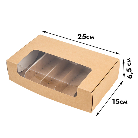 Коробка для эклеров с разделителем Крафт с окном, 5 ячеек