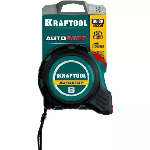 KRAFTOOL AutoStop 8м х 25мм, Профессиональная рулетка с автостопом (3412-8-25)