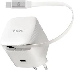 Зарядное устройство TTEC SmartCharger Duo GAN 65W PD Travel Fast Charger USB-C со встроенным кабелем PD 65W USB-C. Длина кабеля: 70см, белый