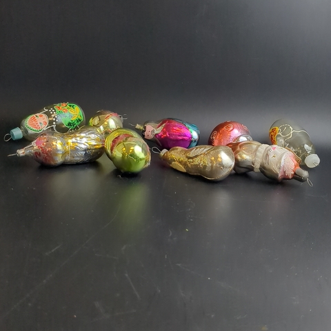 Ёлочные игрушки набор из 9 разных штук матрёшки, кот, божья коровка и др, стекло, роспись, узоры, подвесные, винтаж СССР 1970-1990 гг