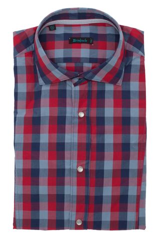 Красно-синяя рубашка в клетку со стеклянными белыми пуговицами-кнопками и шикарной верхней голубой