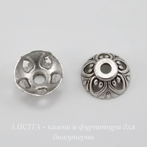 Шапочка для бусины 10х4 мм (цвет - античное серебро), 10 штук