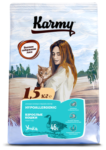 Сухой корм для кошек Karmy гипоаллергенный, с уткой 1.5 кг