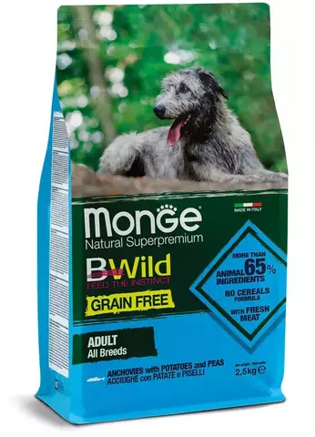 Monge Dog BWild GRAIN FREE беззерновой корм из анчоуса c картофелем для собак всех пород 2,5 кг