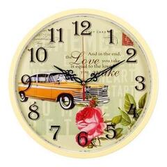 Часы 21 Bek настенные  3027-122 круг d=30см,корпус светло-желтый "Машина.розы" Рубин