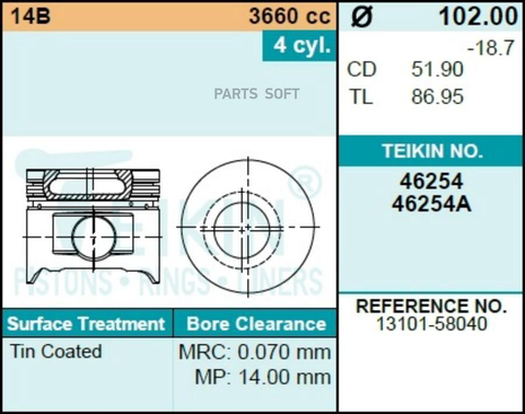 Поршень двигателя TEIKIN 46254A STD (4шт/упак)