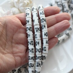 Бусина Бочонок, керамика, белая с черной росписью, 10*8 мм, 1 нить, К113