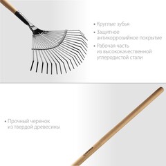 GRINDA GP-22F, 400 х 260 х 1500 мм, 22 плоских зубца, стальная рабочая часть, черенок из дерева высш. сорт, веерные грабли (39593)