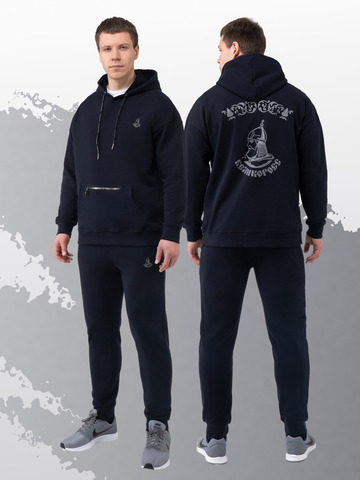 Худи темно-синего цвета с логотипом, без лампасов. Плотный футер