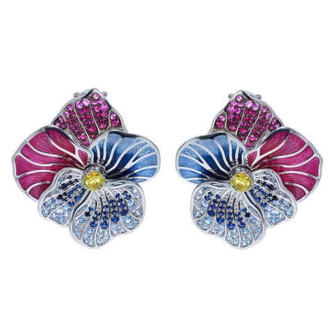 Серьги Фиалки с Сапфирами, Эмаль, E0275-41/6