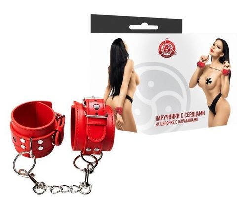 Красные наручники с сердечками на цепочке - Джага-Джага BDSM 910-04 BX DD