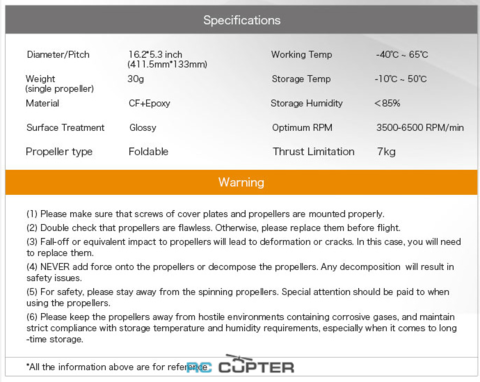 Спецификации пропеллера карбонового складного FA 16.2x5.3 T-Motor (пара)