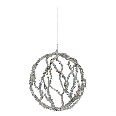Елочная игрушка Шар резной 13см ChristmasDeLuxe перламутровый с пайетками глиттером и стеклярусом