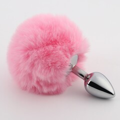 Анальная пробка с пушком (28 мм, хвост 90 мм) серебро/розовый