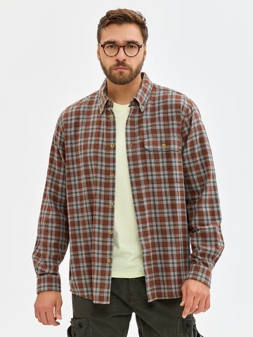 Мужская рубашка в клетку из хлопка с длинным рукавом (Коричневый) (Арт. РБ-07)