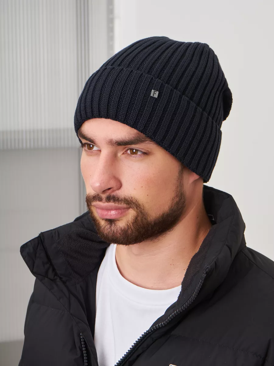 Шапка зимняя на флисе вязаная бини