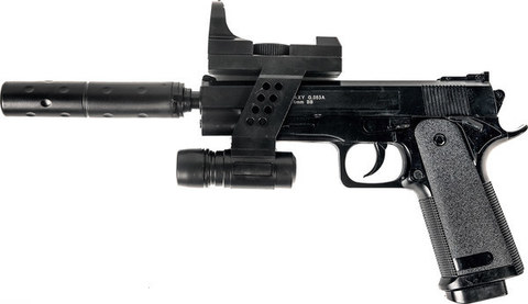 Страйкбольный пистолет Galaxy G.053A Colt 1911 с глушителем пластиковый, пружинный
