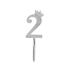 Топпер Цифра, 2, с короной, Серебро, Металлик, 7*18 см, 1шт
