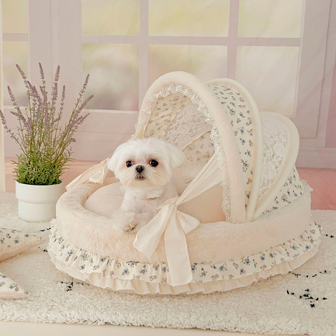 2052 Люлька кремовая с кружевным верхом и с принтом в голубые цветы PREMIUM (чехлы съёмные)