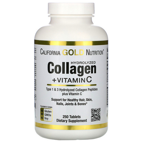 California Gold Nutrition, Гидролизованные коллагеновые пептиды + витамин С, тип I и III, 6000 мг на порцию, 250 таблеток