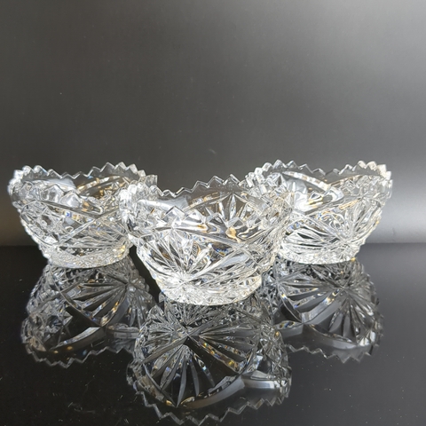 Вазочки, креманки для сервировки набор из 3х штук, для варенья, джема, орехов, хрустальные, алмазная грань, геометрический орнамент, винтаж 1970-1990 гг