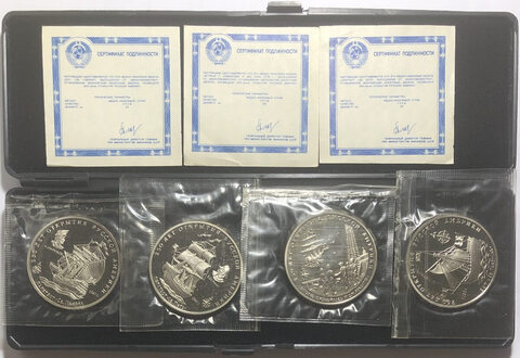 Комплект из 4-х жетонов 1991 ММД ''250 лет открытия Русской Америки'' в запайке (футляр) (Proof)