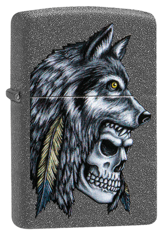Зажигалка Zippo Wolf Skull Feather Design с покрытием Iron Stone™, латунь/сталь, серая, матовая, 36x12x56 мм (29863)