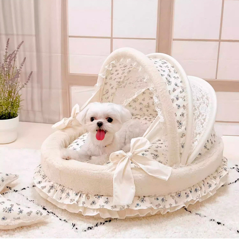 2052 Люлька кремовая с кружевным верхом и с принтом в голубые цветы PREMIUM (чехлы съёмные)