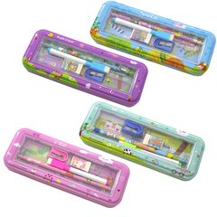 
          Пенал с наполнением, металлический 2 отделения Alingar, линейка 15 см, 1 ч/г каран, 1 точил, 1 ласт, 1 флом, 75 х 210 мм, "Hello friend", ассорти