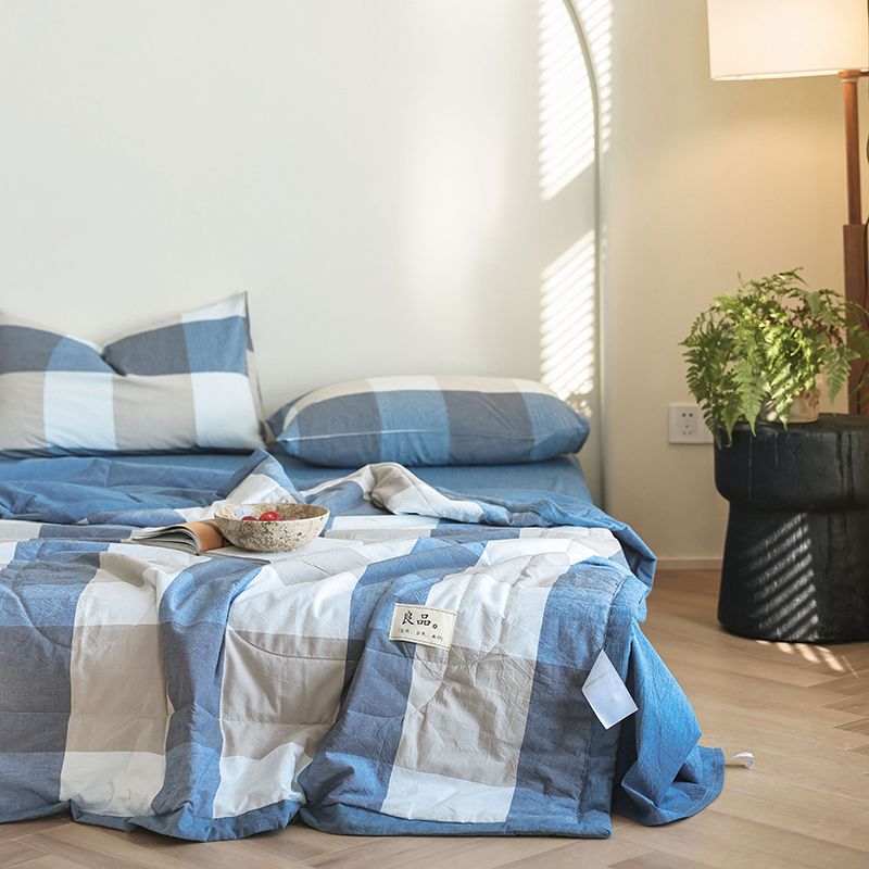 Комплект постельного белья Семейный (2 одеяла) Хлопок Синий Беж клетка