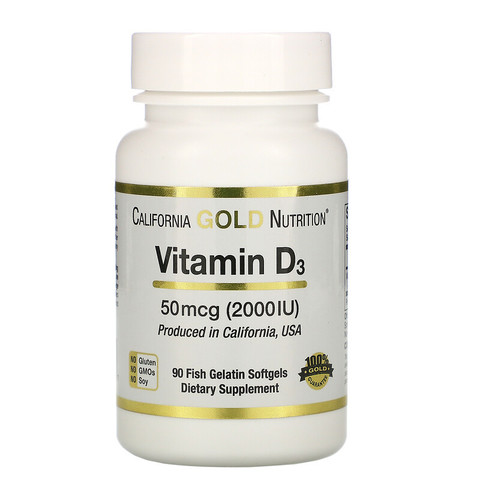 California Gold Nutrition, Витамин D3, 50 мкг (2000 МЕ), 90 мягких капсул из рыбного желатина
