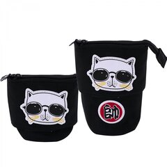 Пенал - тубус складной, Alingar, ПВХ, молния, 115 х 120 мм ( 115 х 170 мм), "Cat", черный (белый кот в круглых черных очках)