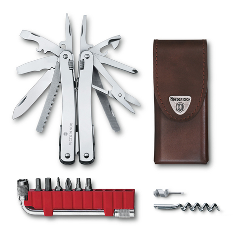 Мультитул Victorinox SwissTool Spirit X Plus (3.0235.L) с набором бит, Г-образным ключом и штопором, 105 мм. в сложенном виде, 35 функций, кожаный чехол | Wenger-Victorinox.Ru