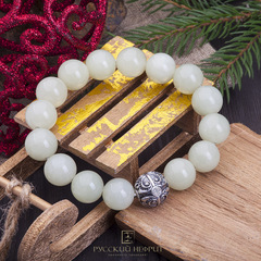 Браслет "Летучая мышь". Белый нефрит. 12мм.