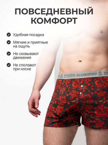 Комплект из 3-х семейных трусов - «Красная хохлома»