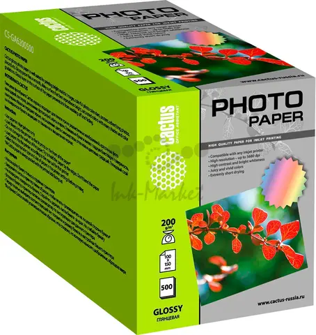 Фотобумага Cactus CS-GA6200500 10x15/200г/м2/500л./белый глянцевое для струйной печати