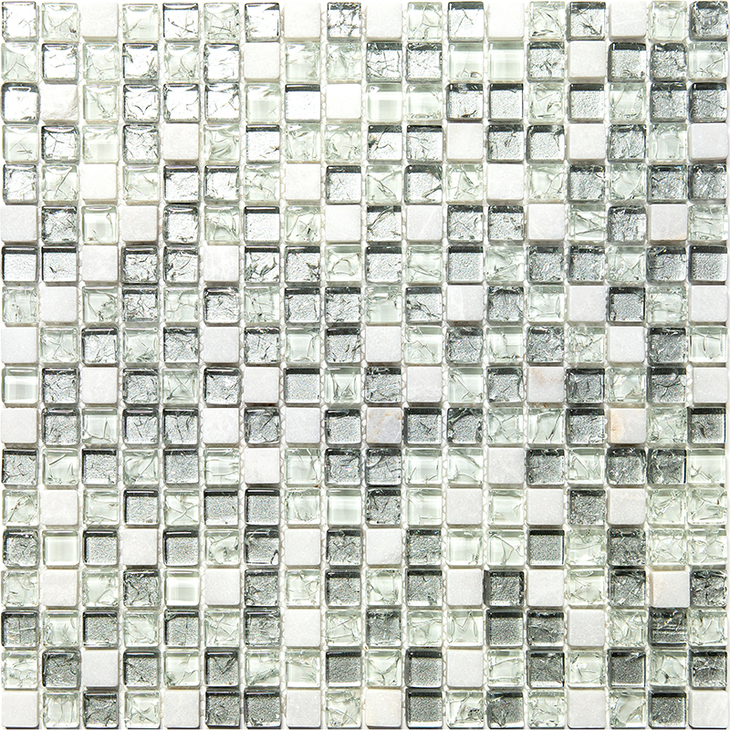 ICE-08 Стеклянная мозаичная плитка Natural Ice серый белый светлый квадрат глянцевый