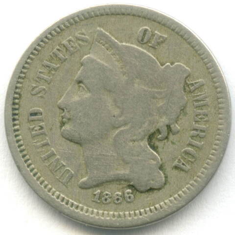 3 цента 1866 год. США. Никель VF