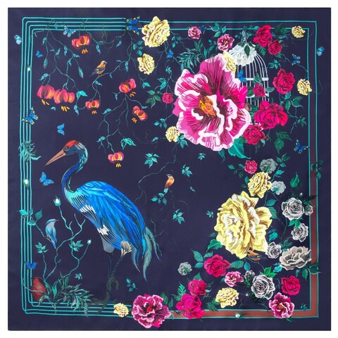 Шелковый платок 90x90 Mollen Журавль ежевично-черный