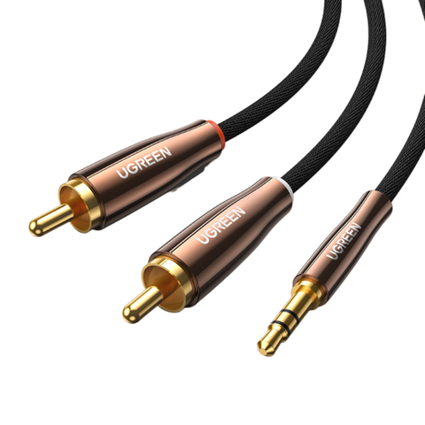 Кабель UGREEN 3.5mm Male to 2x RCA Copper Case Braided Aux Cable, 1м, черный/медный AV170